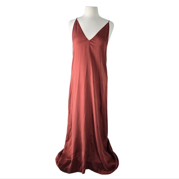 NWT Forte Forte Autunno V Neck Slip Maxi Cupro Silk Dress Size L Brown/Bronze - Picture 1 of 13